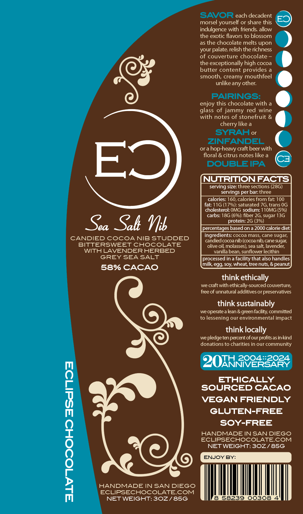 3oz Chocolate Bar : : Sea Salt Nib, 58% cacao-Chocolate Bars-Eclipse Chocolate