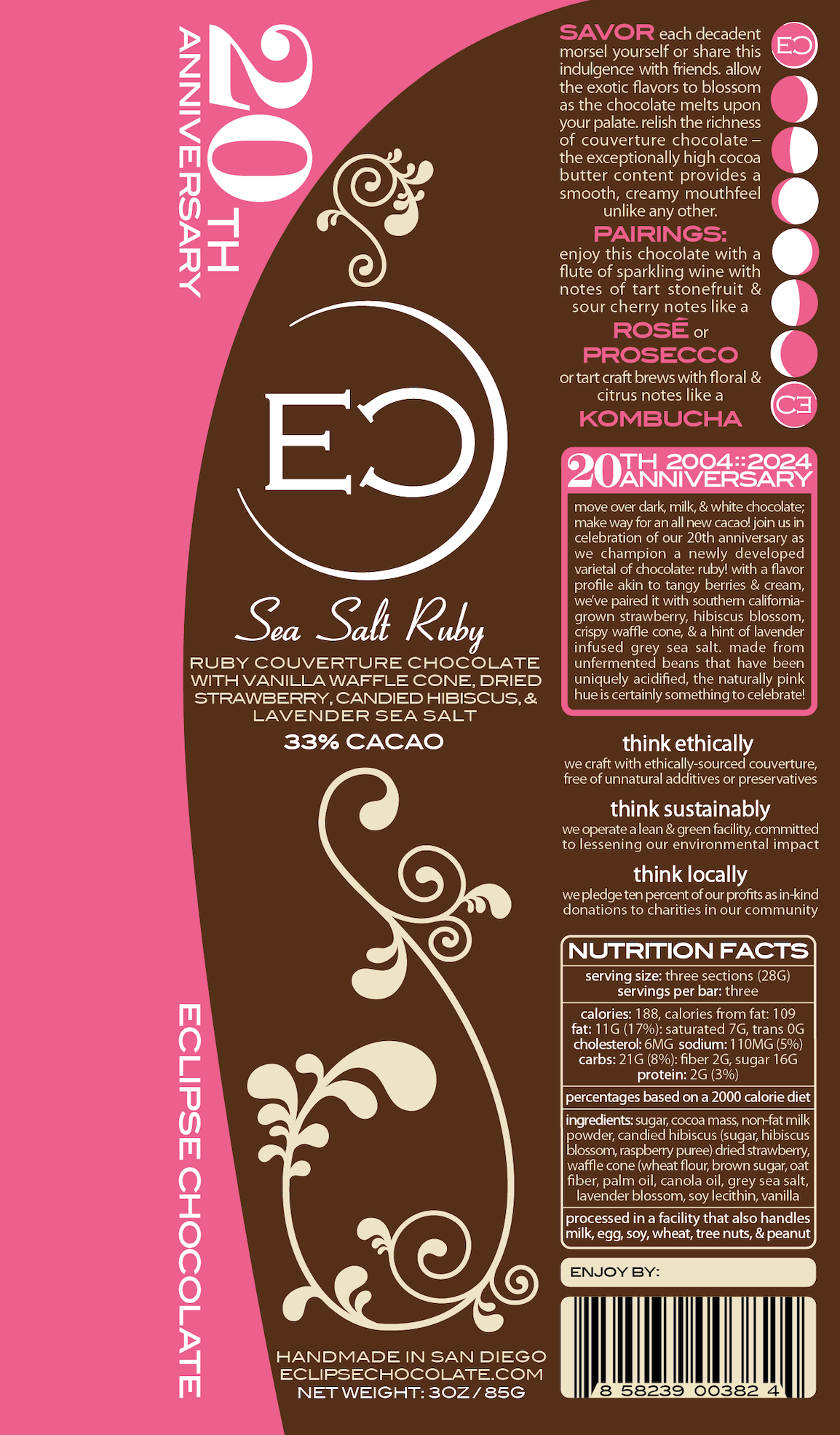 20th Anniversary 3oz Chocolate Bar : : Sea Salt Ruby, 33% cacao-Chocolate Bars-Eclipse Chocolate